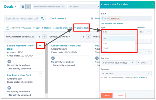 creating tasks for sales pipeline management in Hubspot CRM