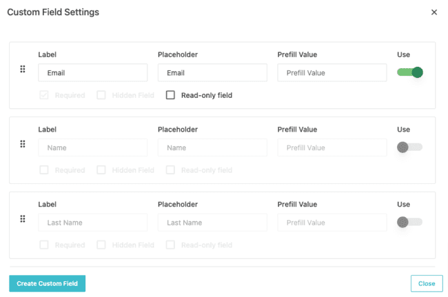 custom field setting in Moosend sign up form