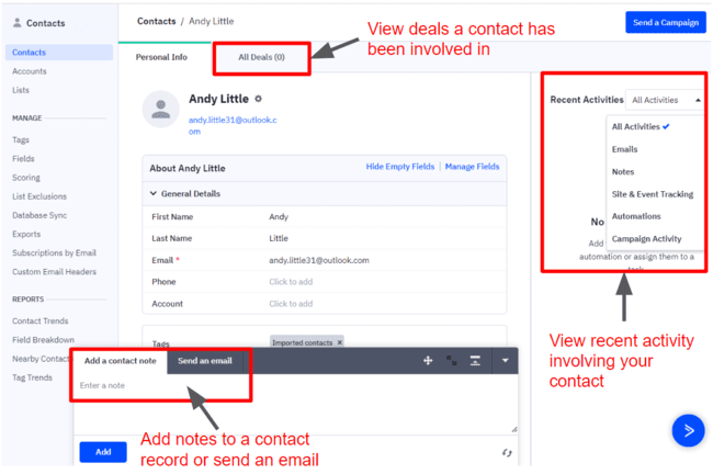datos de contacto del CRM de ventas ActiveCampaign
