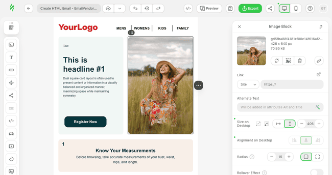 editing image block in Stripo editor