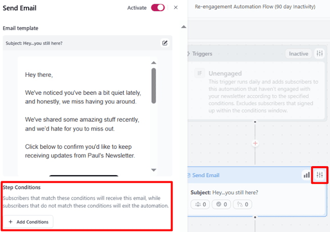 editing steps and adding conditions in beehiiv’s automation builder