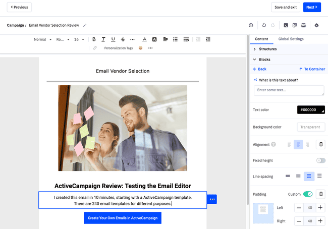 editor de arrastrar y soltar en ActiveCampaign