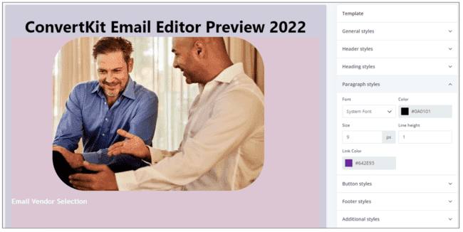 editor de correo electrónico de ConvertKit para correos electrónicos de afiliados