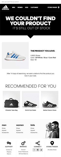 ejemplo de correo electrónico de agotado de adidas ecommerce