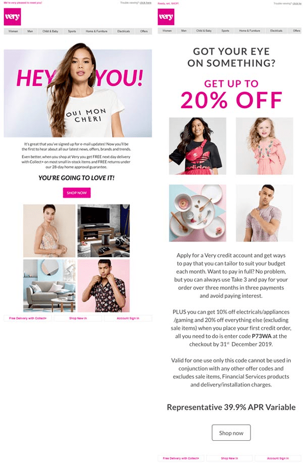 ejemplo de flujo de correo electrónico de bienvenida de comercio electrónico lado a lado