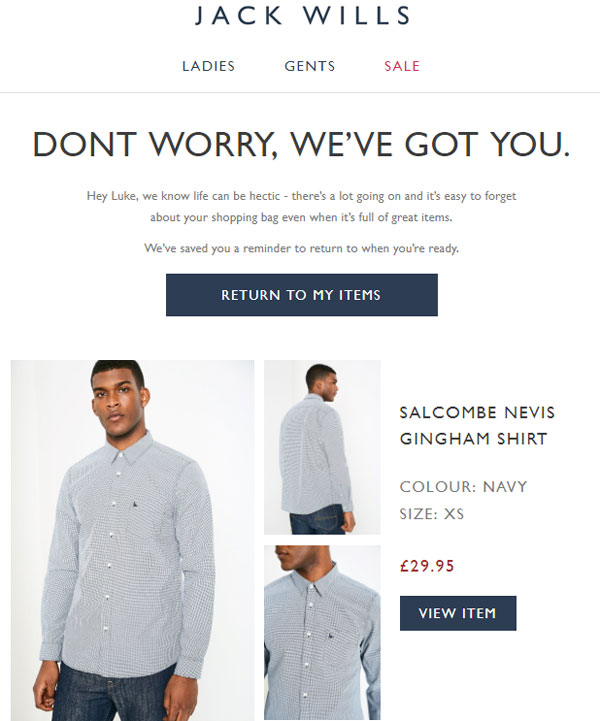 email abandonned cart example jack wills
