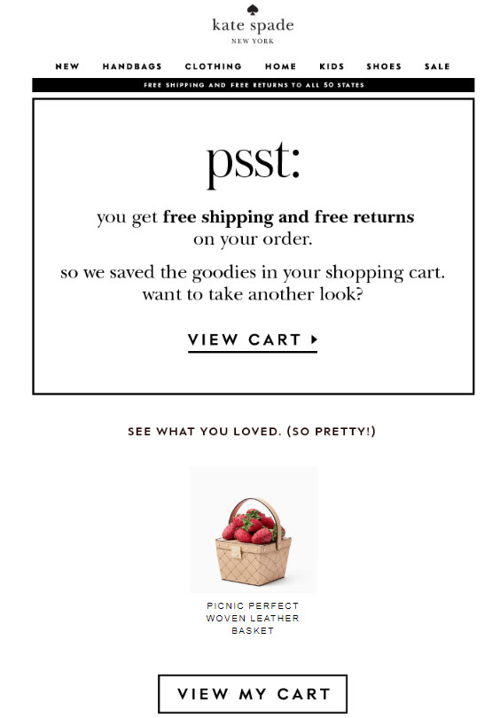email abandonned cart example kate spade