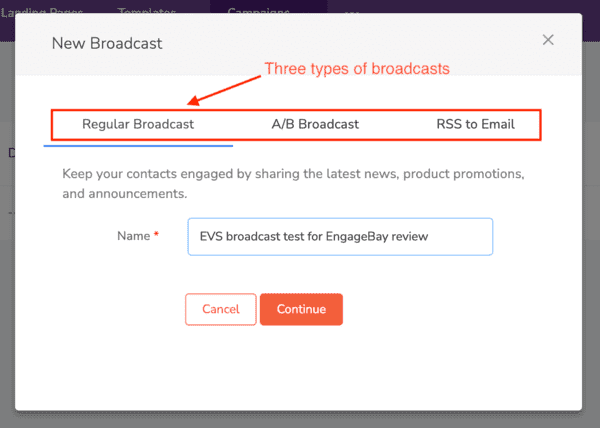 Engagebay review 3 types of email broadcasts