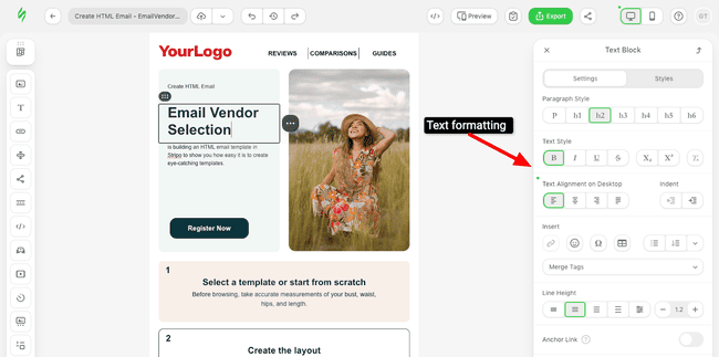 formatear texto en el editor de Stripo