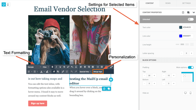 formato de texto del editor de Mailup