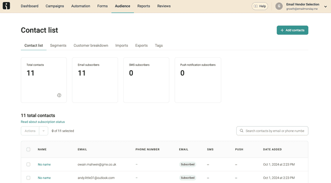 gestión de contactos en Omnisend