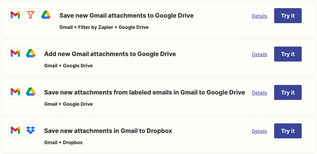 guarda archivos adjuntos de correo electrónico en la nube utilizando Zapier Zaps