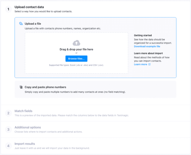 importing contacts to Textmagic review list management