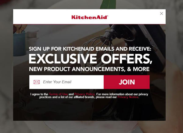 kitchenaid ecommerce opt-in pop-up