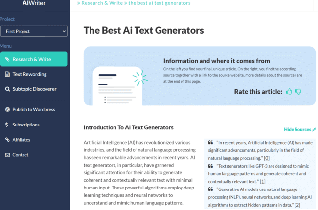 la interfaz AI-Writer crea contenidos