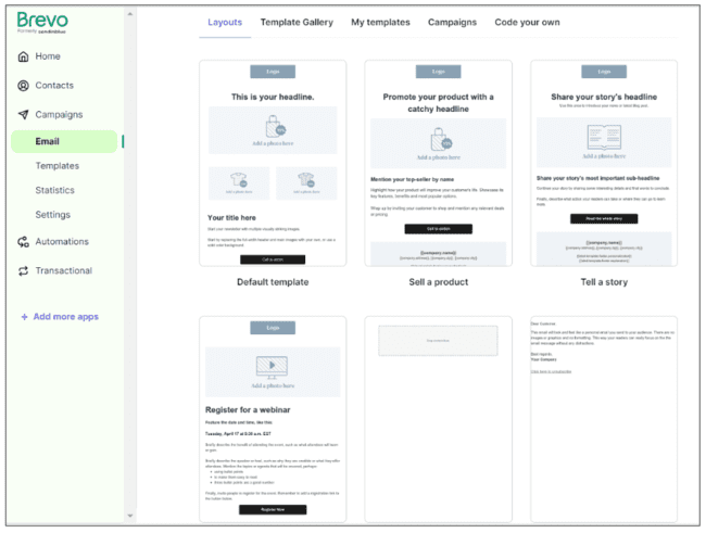 layout dos modelos de e-mail Brevo