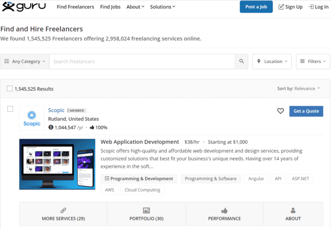 los listados de Guru Freelancer buscan en los mejores sitios web Freelancers cualificados
