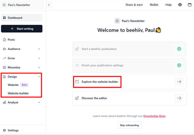 navigating to the beehiiv website builder