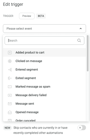 opciones de desencadenante del flujo de trabajo de correo electrónico de Omnisend