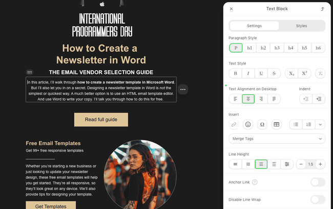 opciones de formato en el editor de email de Stripo