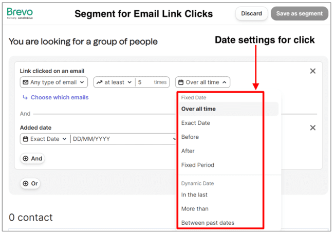 opciones de tiempo de los filtros de clic de enlace en Brevo