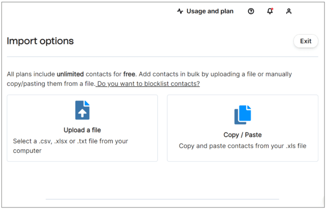 opciones para importar contactos a Brevo