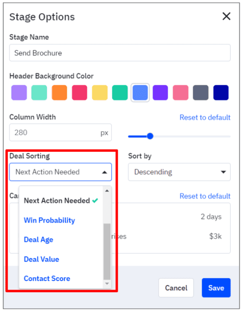 opciones para ordenar las oportunidades de venta en un proceso de ventas de ActiveCampaign