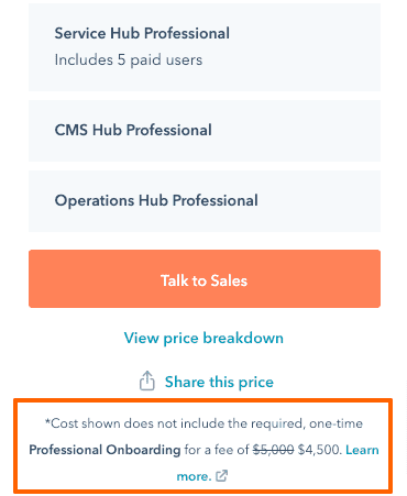 opções de preços do Hubspot professional