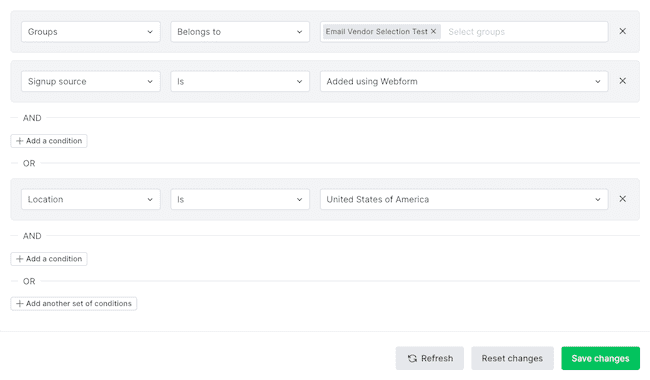 opções de segmentação do software de e-mail marketing do Mailerlite