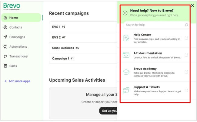 opções de suporte ao cliente no aplicativo Brevo