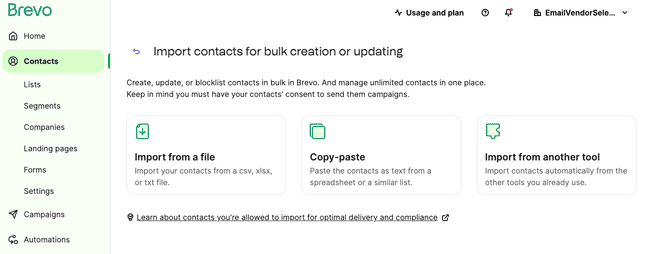 options for importing contacts into Brevo