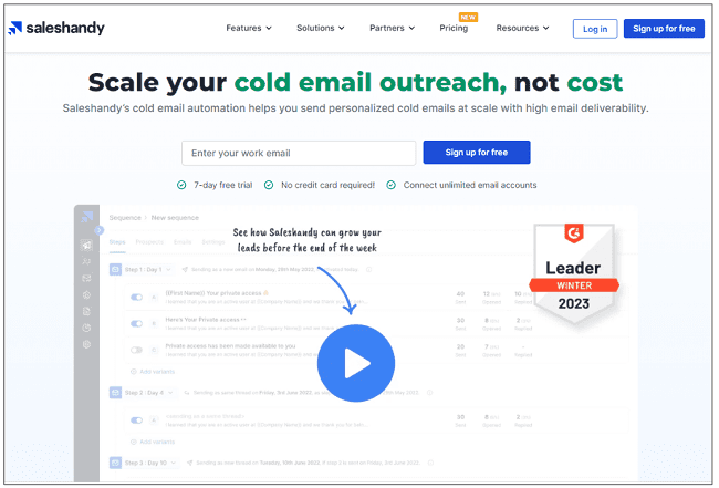 página de inicio de Saleshandy