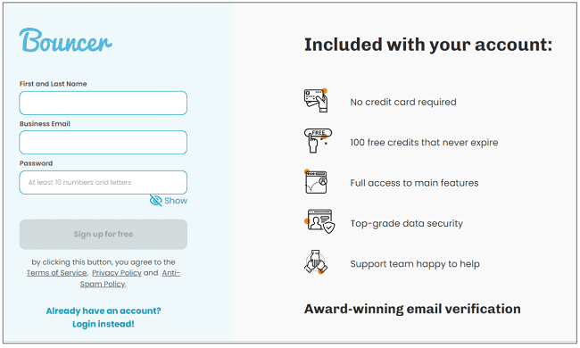 página de registro de Bouncer