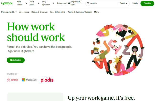 página principal de Upwork mejores sitios web para marketing freelance