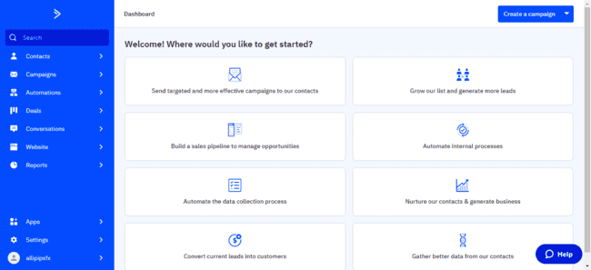 painel de boas-vindas da ActiveCampaign CRM