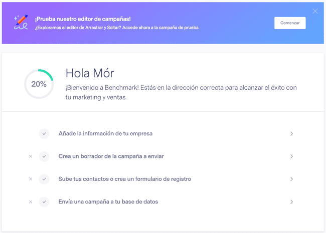 panel de Benchmark en el primer inicio de sesión