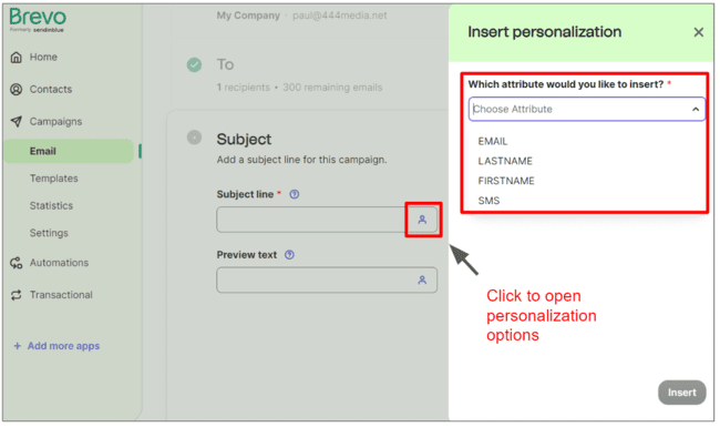 personalização da linha de assunto na Brevo