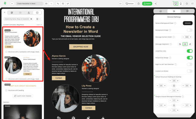 personalización del diseño del email en el editor de email de Stripo