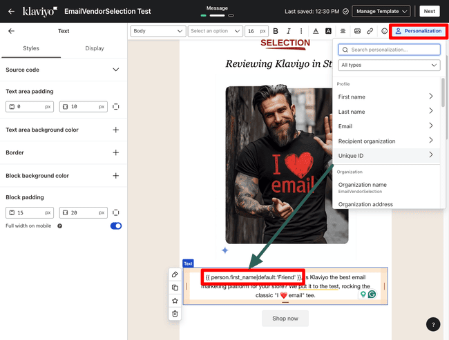 personalizing email text in Klaviyo