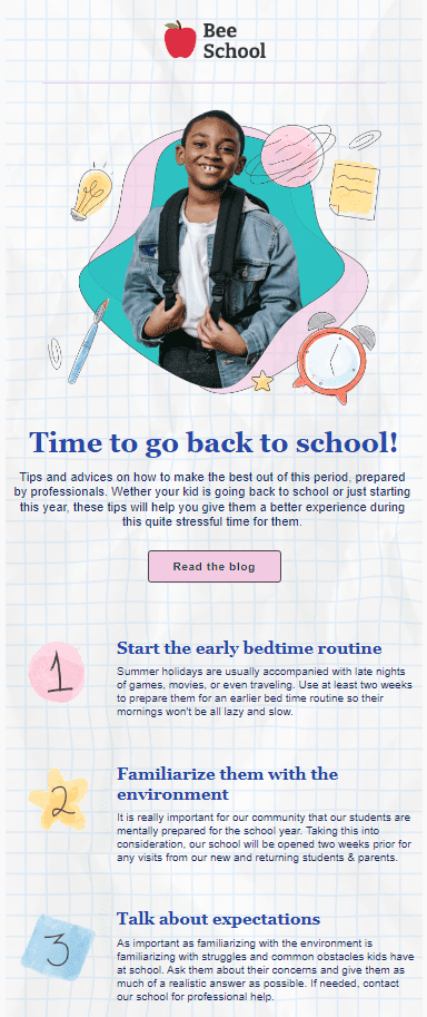 plantilla de newsletter de la vuelta al cole estilo dibujo Beefree