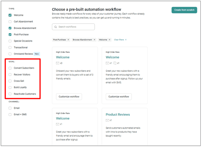 plantillas de flujo de trabajo de automatización de marketing de Omnisend