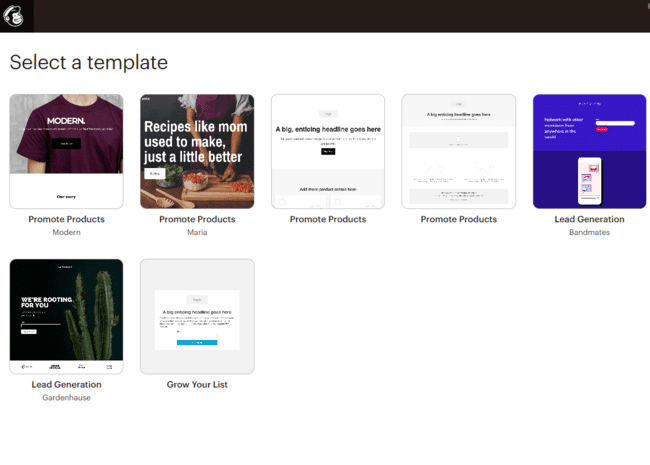 plantillas de páginas de destino de Mailchimp