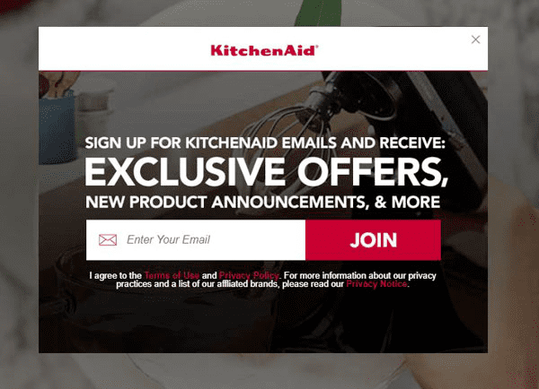 pop-up de opt-in para comercio electrónico de kitchenaid