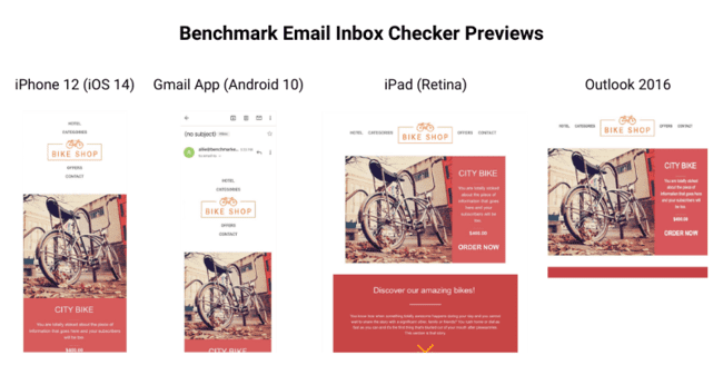 pré-visualizações do Inbox Checker da Benchmark Email mostrando IPhone, Gmail App, iPad, Outlook