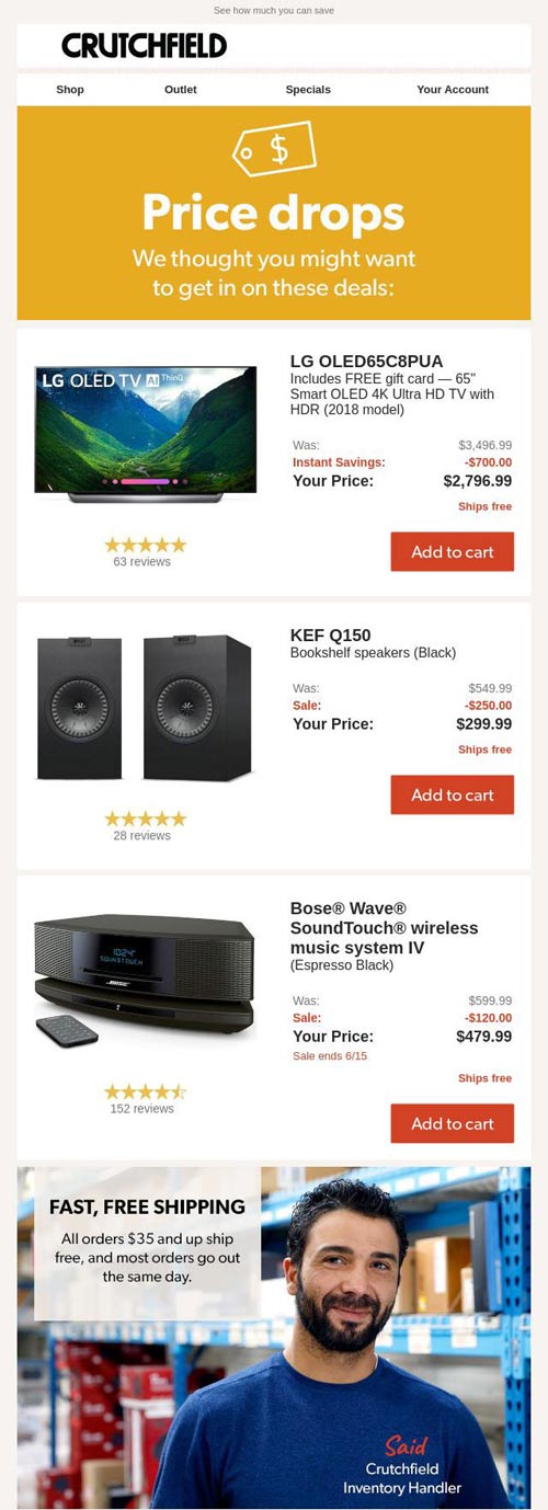ecpommerce price drop email example crutchfield