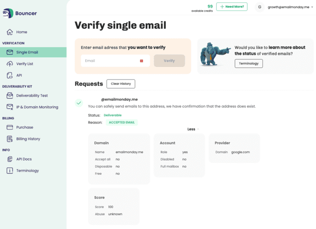 reseña de Bouncer validación de un solo email
