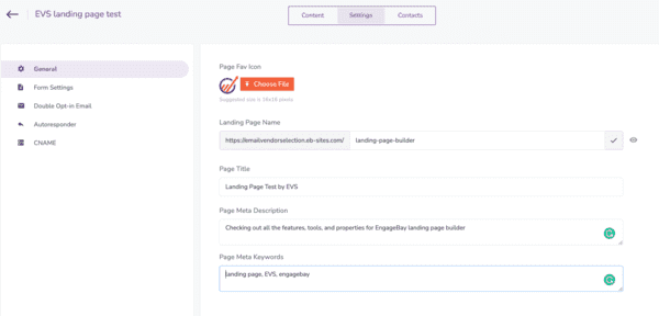 reseña de Engagebay configuración de landing page