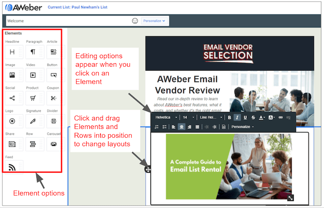 reseña del software de correo electrónico AWeber editor de correo electrónico bloque de producto Etsy