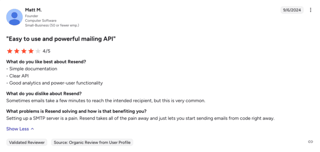 review of Resend API for documentation, analytics
