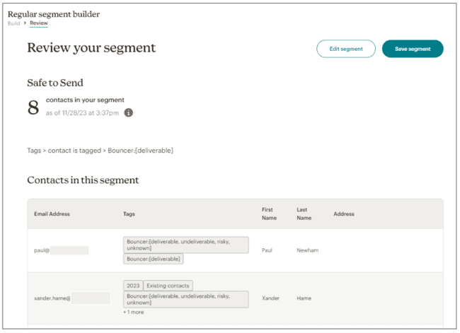 reviewing a segment in Mailchimp
